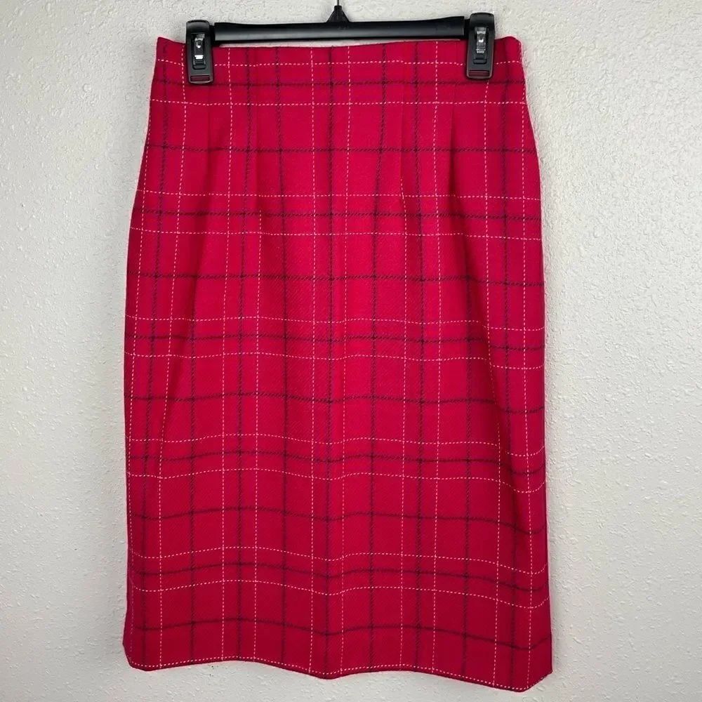 EUC Adorable Liz Claiborne Pink Plaid Midi Wool Skirt Size 10